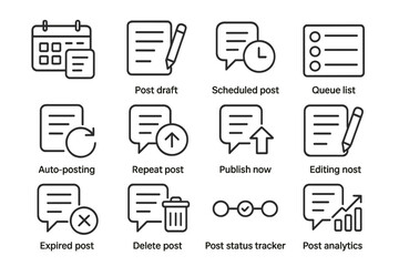 Social media management icons: scheduling, posting, analytics, calendar