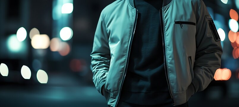 Man in bomber jacket at night urban fashion street style outerwear clothing apparel trendy casual wear