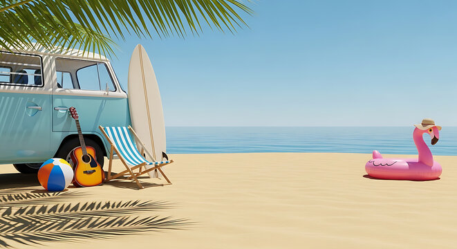 Tropical vacation beach getaway with van surfboard and flamingo float under palm fronds - Powered by Adobe