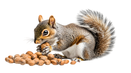 Adorable squirrel gathering nuts with detailed fur and bushy tail, perfect for nature themes isolated on white background 
