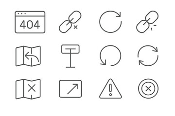Monochrome interface symbols: error, refresh, navigation, warning icons