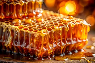 Viscous golden honey dripping from fresh honeycomb, a sweet, natural, and organic delicacy captured in stunning detail