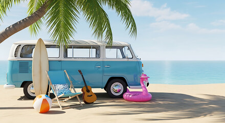 Vintage camper van at idyllic beachside destination, ready for summer adventures under breezy palm