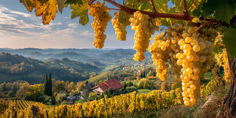Golden Vineyard Panorama with Ripe White Grapes at Sunset