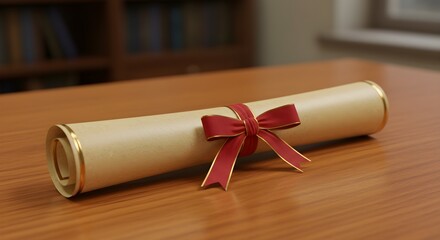 Scroll with Red Bow on Wooden Desk