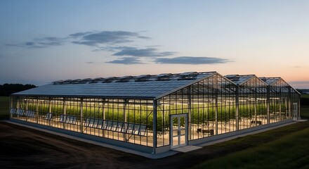 Obraz premium Modern glass greenhouse complex at dusk.
