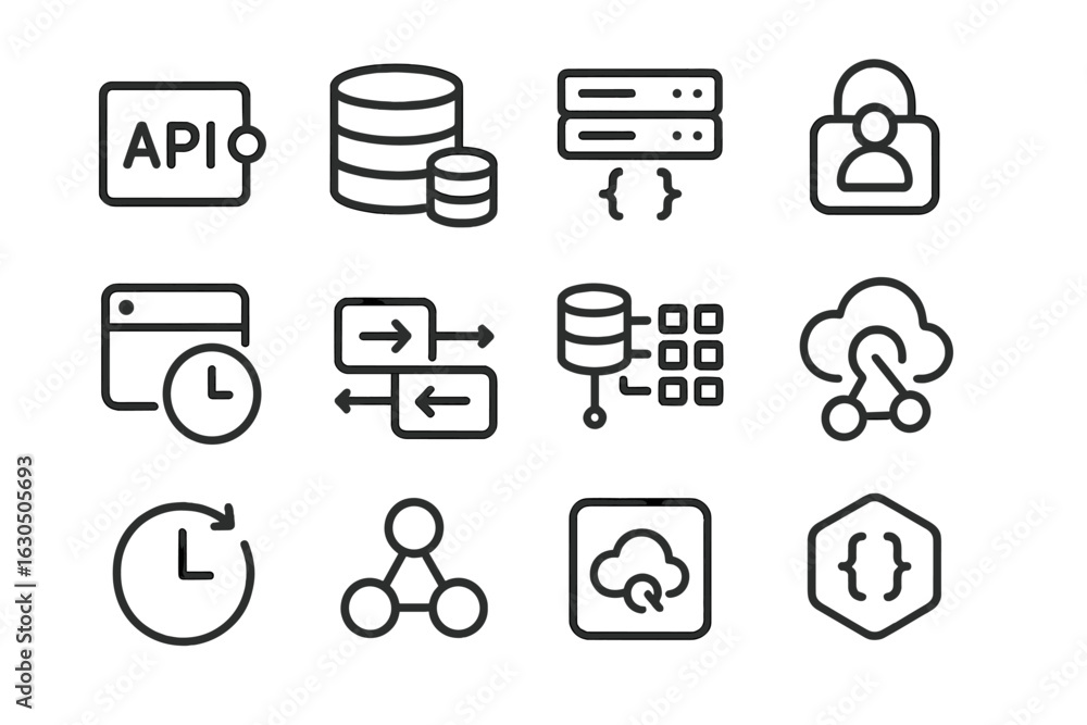 Poster monochrome tech icons: cloud, database, api, server in minimalist design