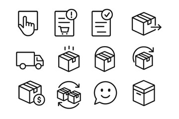 Black shipping and delivery icons collection on dark background