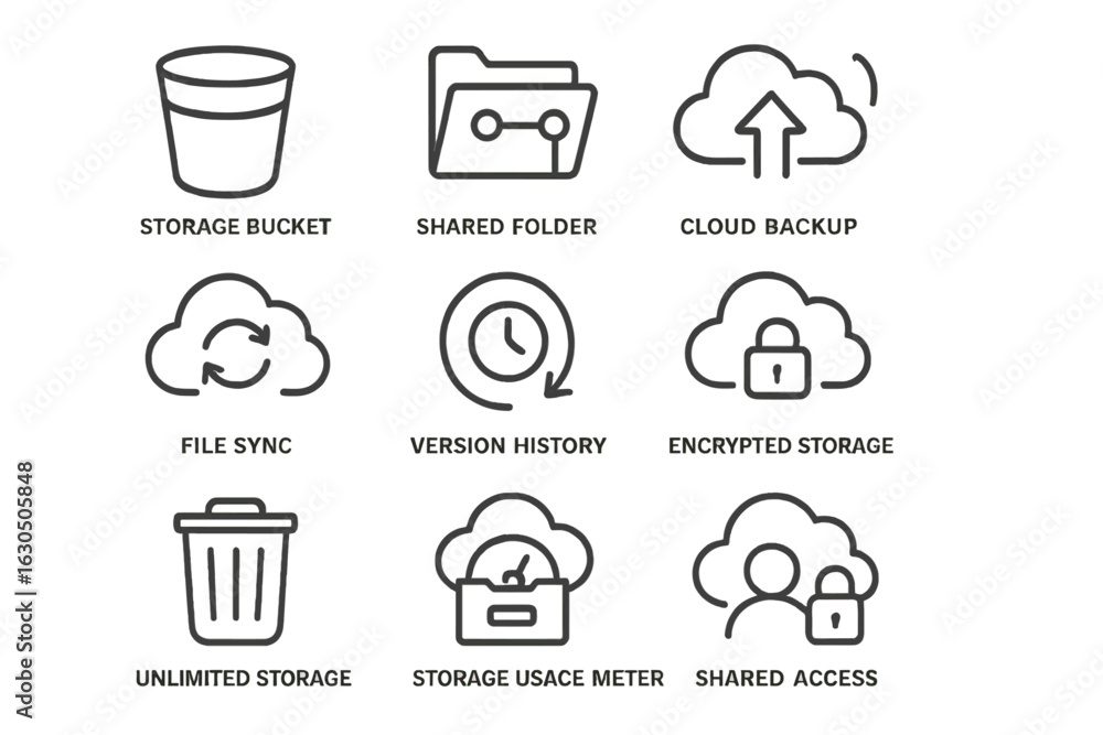 Poster cloud storage and backup icons for data management solutions