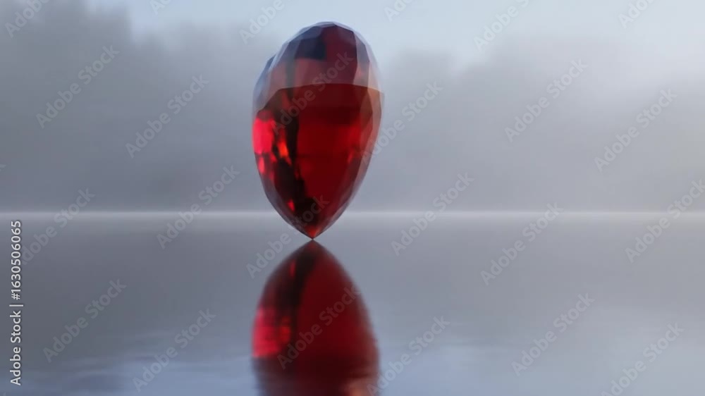 Aufkleber ruby red crystal heart shape on reflective grey surface with soft focus misty background symbolizing