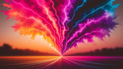 Vibrant electric storm descends from the sky onto a glowing road watercolor background