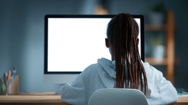 african teen school girl student virtual distance learning online classes looking at mock up white blank empty computer mockup monitor screen remote digital elearning at home back over shoulder view 