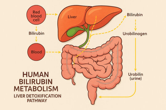 Human Bilirubin Metabolism Pathway Illustration - Liver Detoxification Process [Illustration]