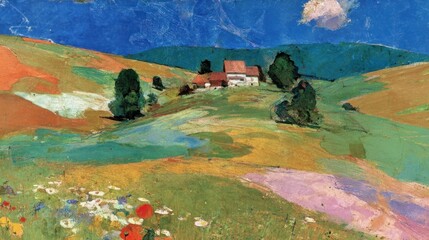 Summer hills scene countryside landscape painting.