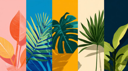 Summer greeting clipart poster set. Summer tropical leaves clip art in colorful abstract background collection for seasonal greeting card vector illustration. 