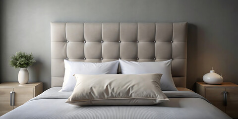 A cozy bedroom interior with a comfortable bed, pillows, and stylish furniture creating a relaxing and inviting atmosphere for a good nights sleep