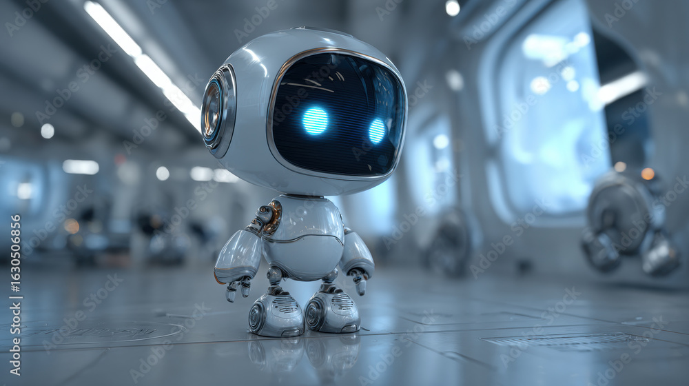 Poster futuristic ai robot with glowing eyes, sleek metallic design, standing in a high-tech lab