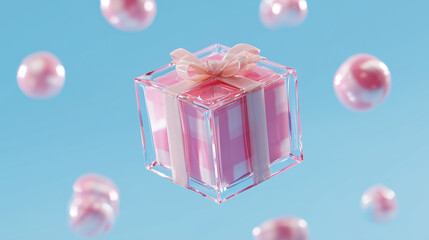 Cute pink gift box wrapped in transparent acrylic, 3D render — perfect for Valentine's Day, birthday greetings, cosmetics branding, or luxury packaging advertisements