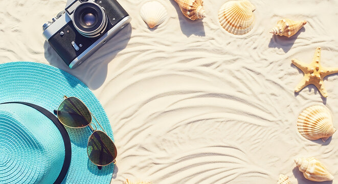 Capturing serene coastal memories: A vintage camera and seaside essentials on sun-kissed sands