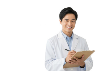 Smiling Asian Doctor Writing on Clipboard, Isolated on White