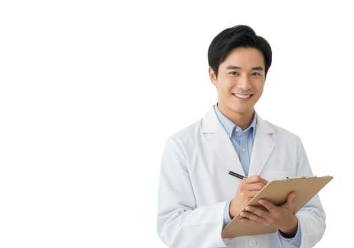 Smiling Asian Doctor Writing on Clipboard, Isolated on White