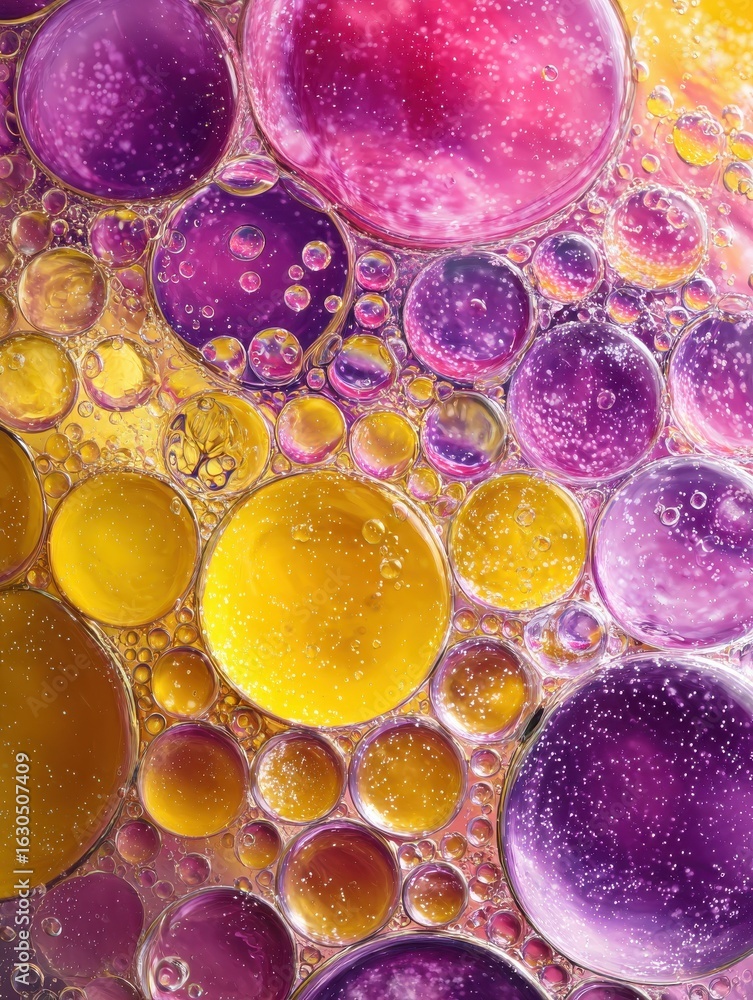 Aufkleber purple and yellow soap bubbles in paint create an abstract design suitable for a colorful background
