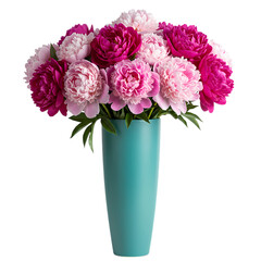 Fototapeta premium Pink and Magenta Peonies in Teal Vase: Elegant Floral Arrangement