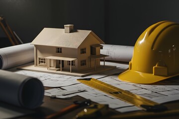 House design: miniature house, helmet, and architectural plans on a desk