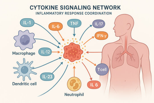 Cytokine Signaling Network Illustration: Inflammatory Response Coordination in Human Body (Illustration)