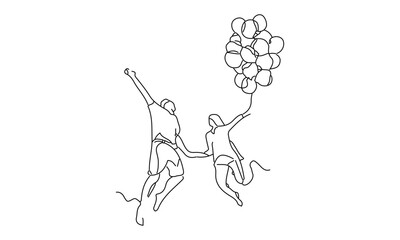 Joyful Jump with Balloons - Continuous Line Art