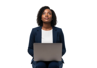Thoughtful African American Businesswoman with Laptop on White Background