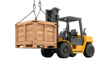 Forklift lifting wooden crate background isolated on a Transparent background, PNG file.