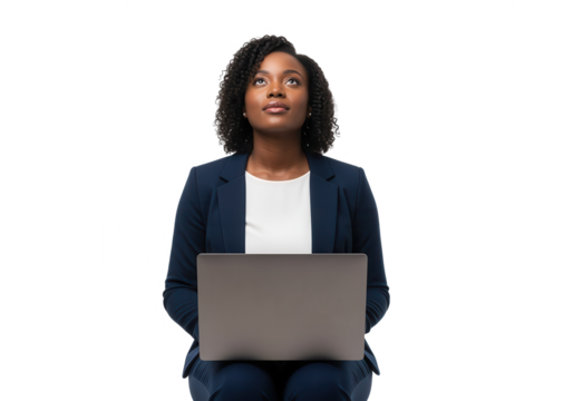 Thoughtful African American Businesswoman with Laptop on White Background