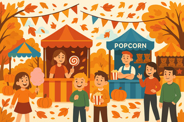 Families enjoying a festive autumn fair with games, treats, and decorated stalls