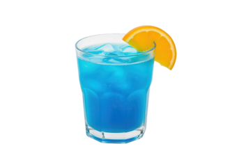 Blue Lagoon Cocktail with Orange Slice on White Background