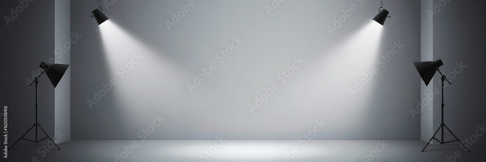 Poster an empty gray studio room with four spotlights illuminating the center of the space evenly