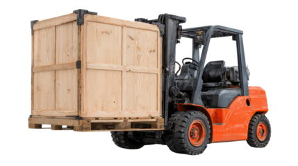 Forklift lifting wooden crate background isolated on a Transparent background, PNG file.