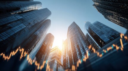 real estate and investment concept with bottom view on sunny skyscrapers tops and digital financial chart with stock market diagram no logos no brands ar 169
