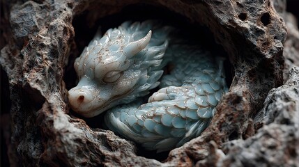 Obraz premium Sleeping dragon figurine in a cave miniature fantasy art collectible item