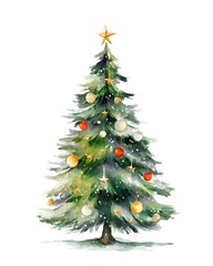 Fototapeta premium Watercolor Illustration of a Decorated Evergreen Tree Against a White Backdrop with Ornaments and Stars