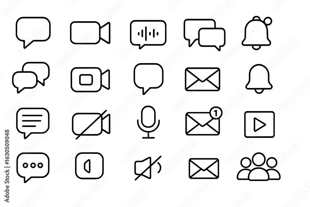 Poster communication icons depicting messaging, notifications, and multimedia features in a minimalist styl