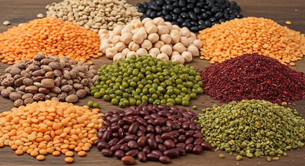 Vibrant assortment of various dried legumes like lentils, beans, and chickpeas in neat piles on a rustic wooden background.