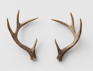 Obraz premium Pair of deer antlers, light brown, set against a plain white background. Top view, showing intricate branching and small, textured knobs