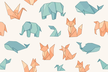Colorful origami animals create a whimsical pattern in pastel shades on a light background showcasing creativity and craftsmanship