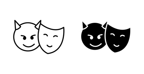 Evil and Good Face Mask Icon – Devil Smile & Theater Mask Line and Solid