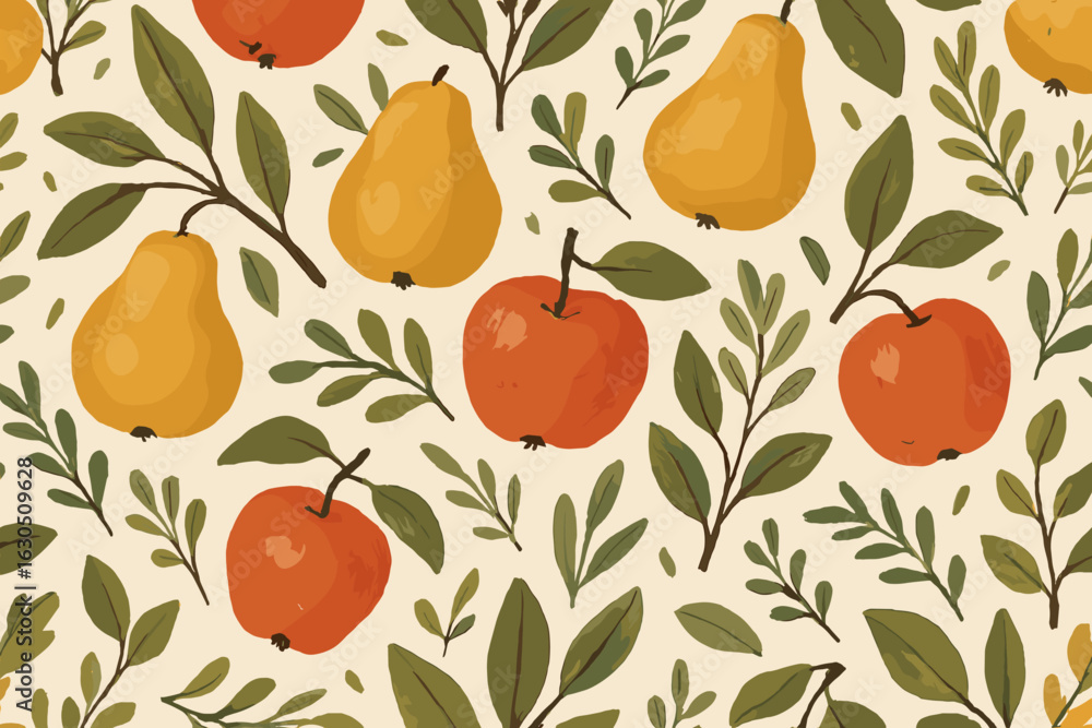 Poster vibrant fruit and leaf pattern showcasing apples and pears with delicate foliage on a light backgrou