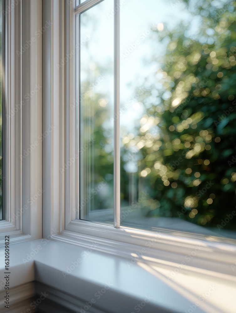 Poster closeup of a white bay window revealing reflections and soft light while featuring clean lines and a