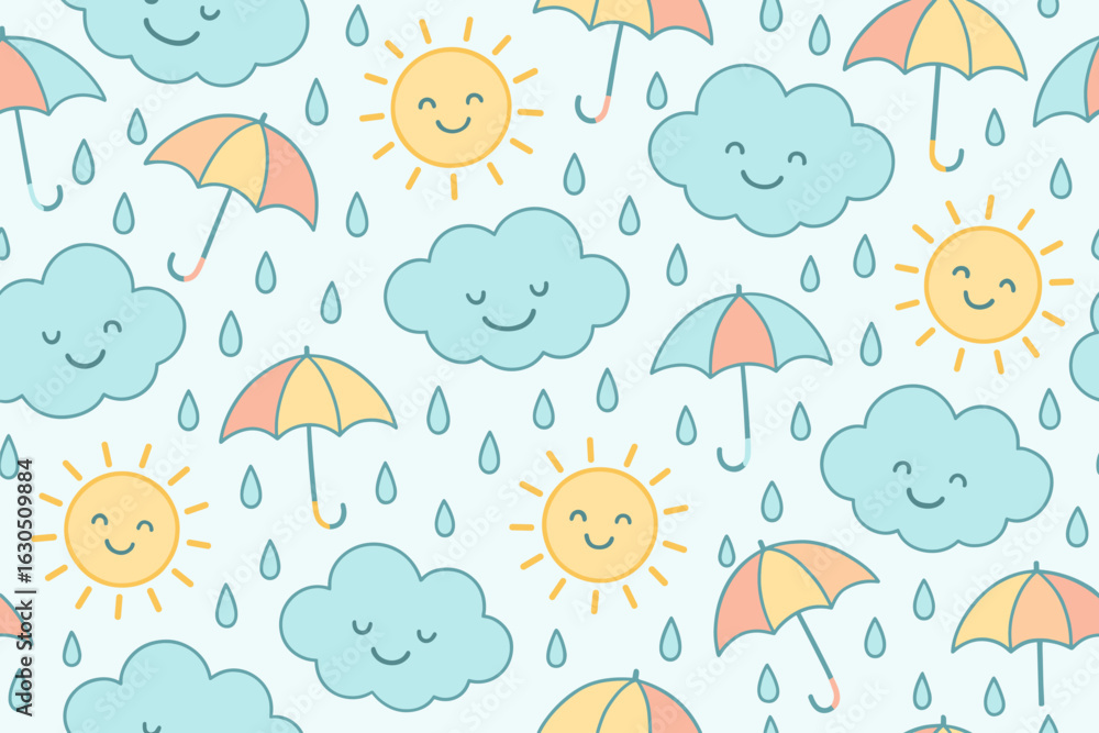 Poster playful weather pattern with smiling clouds, suns, and colorful umbrellas for cheerful design