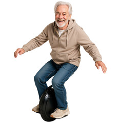 Elderly man smiling while riding a one-wheeled electric scooter  