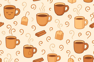 Obraz premium Warm and inviting design featuring mugs, tea bags, and cinnamon on a beige background
